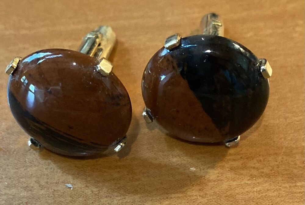 Gold Tone Men’s Cufflinks Brown Cabochon Oval Stone Bullet Back Dress Jewelry